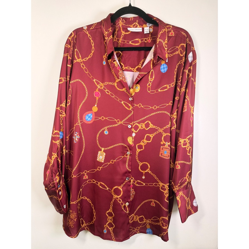 Susan Graver Chain Print Blouse Womens XLP Burgundy Excellent Satin Tunic Top